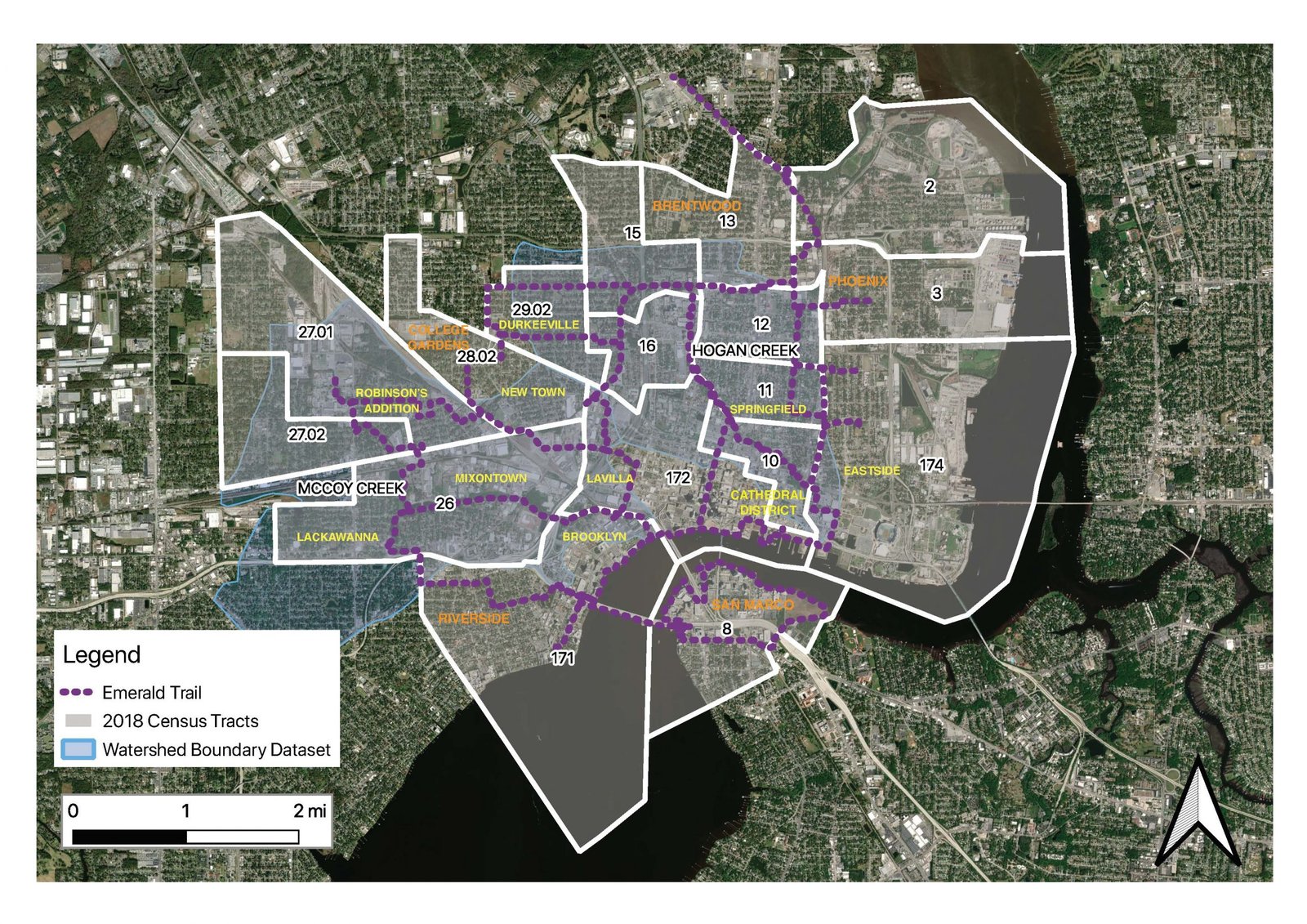 Emerald Trail Watersheds with Census Tracts Trail and Neighborhoods
